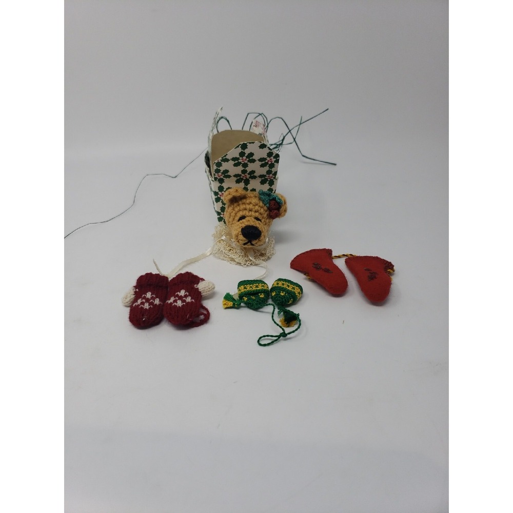 Vintage Hand Knit Crochet Miniature Mittens Hats Teddy Bear Set 4 Red Green
